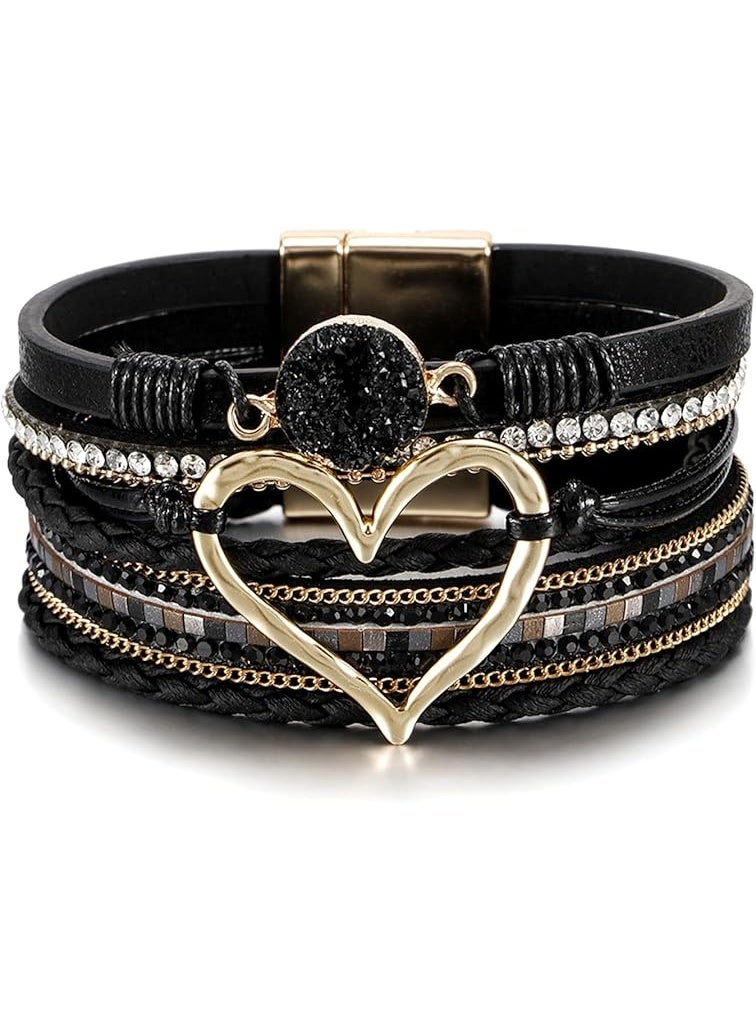 Goolsky [Elegant] Boho Chic Love Heart Magnetic Clasp Bracelet - Multi-Layer PU Leather with Black Braided Design & Crystal Accents, Golden-Tone Metal Heart Pendant, Everyday Bohemian Style Jewelry for Women, Heart Jewelry - Image 5