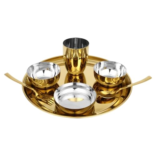 Aarugo Aarugo Stainless Steel Gold Coated Smart Dinnerware/Dinner Set | 1 Thali, 3 Bowl, 1 Glass, 1 Fork, 1 Spoon | Solid Kitchen Set for Home | Restaurant | Pefect Gifting Set - Image 1