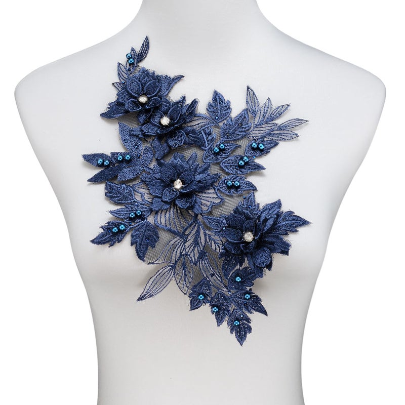 Silvora 3D Embroidered Flower Fabric Beaded Rhinestones Pearl Lace Applique DIY Patches Accessory for Wedding DressesNeckline Bodice PantsNavy BlueLeft