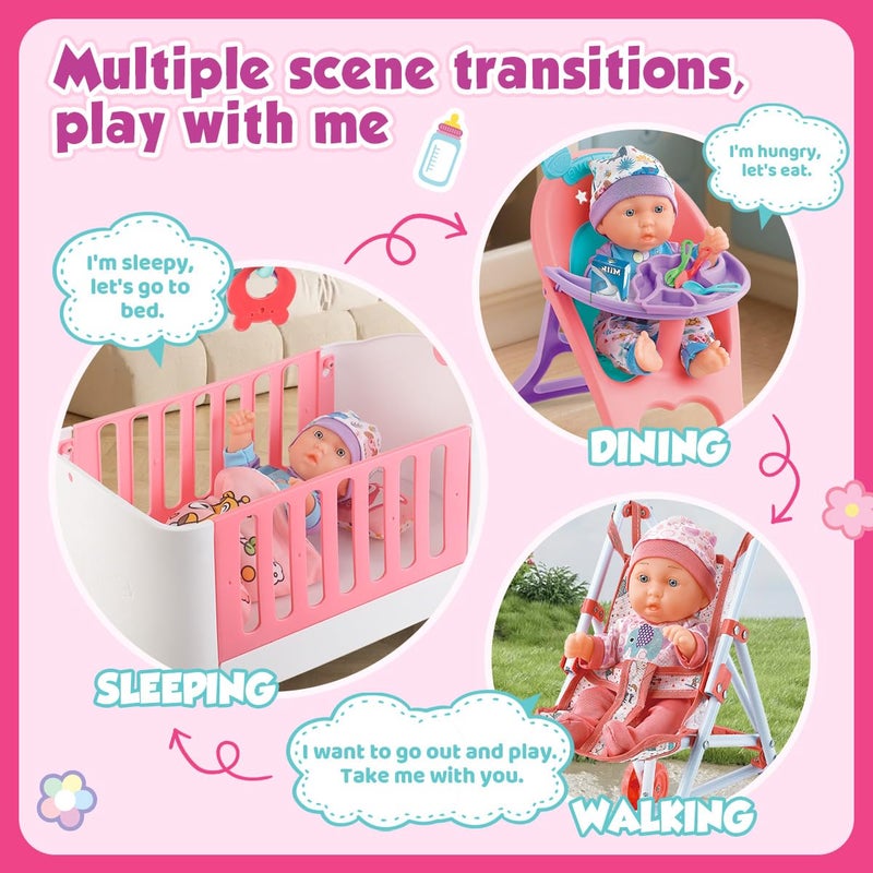 YIYBM Baby Doll Crib and Stroller Accessories Play Set with 11" Baby Doll,Dining Chair,24 PCS Dolls Accessories and 2 Sets Clothes,Realistic Pretend Play for Girls Kids 3-5 4-6 5-7 Year Gifts - Image 5