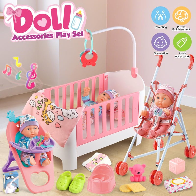 YIYBM Baby Doll Crib and Stroller Accessories Play Set with 11" Baby Doll,Dining Chair,24 PCS Dolls Accessories and 2 Sets Clothes,Realistic Pretend Play for Girls Kids 3-5 4-6 5-7 Year Gifts - Image 2