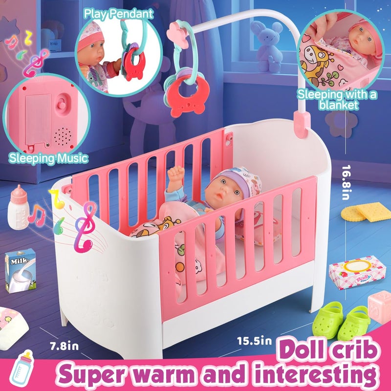 YIYBM Baby Doll Crib and Stroller Accessories Play Set with 11" Baby Doll,Dining Chair,24 PCS Dolls Accessories and 2 Sets Clothes,Realistic Pretend Play for Girls Kids 3-5 4-6 5-7 Year Gifts - Image 4