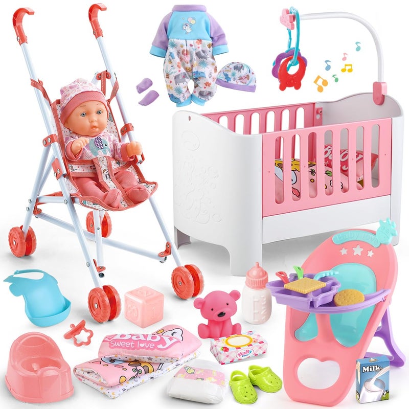 YIYBM Baby Doll Crib and Stroller Accessories Play Set with 11" Baby Doll,Dining Chair,24 PCS Dolls Accessories and 2 Sets Clothes,Realistic Pretend Play for Girls Kids 3-5 4-6 5-7 Year Gifts - Image 1