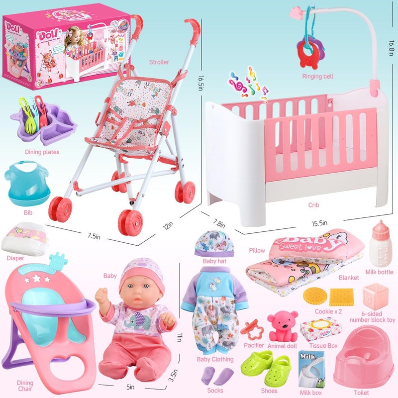 YIYBM Baby Doll Crib and Stroller Accessories Play Set with 11" Baby Doll,Dining Chair,24 PCS Dolls Accessories and 2 Sets Clothes,Realistic Pretend Play for Girls Kids 3-5 4-6 5-7 Year Gifts - Image 3