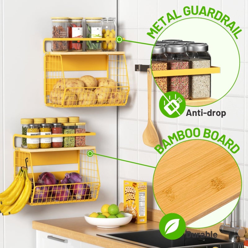 Ofiray-home Magnetic Shelf for Fridge with Wood Lid, Fruit Potato and Onion Storage Bins, Pantry Organizers & Storage, Large Container Magnetic Spice Rack for Refrigerator, Kitchen Counter, Cabinet (Yellow, 2) - Image 2
