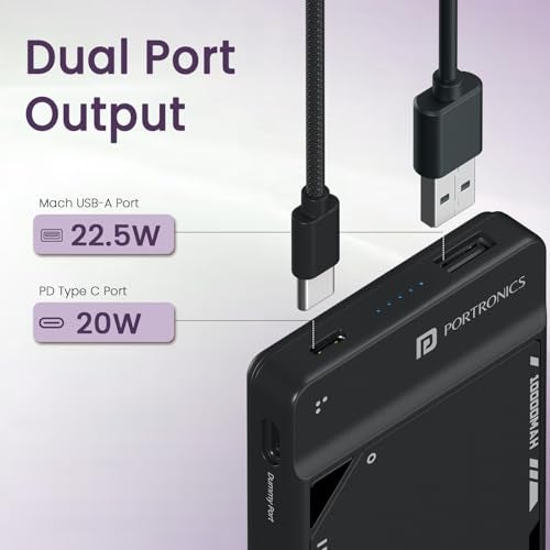 Portronics Luxcell Uno 10K 10000 mAh 22.5W Fast Charging Power Bank with Detachable Type C Cable, Ultra Slim Power Bank with Mach USB-A Output, Type C PD Output, Type C Input, Wake Up Button(Black) - Image 4