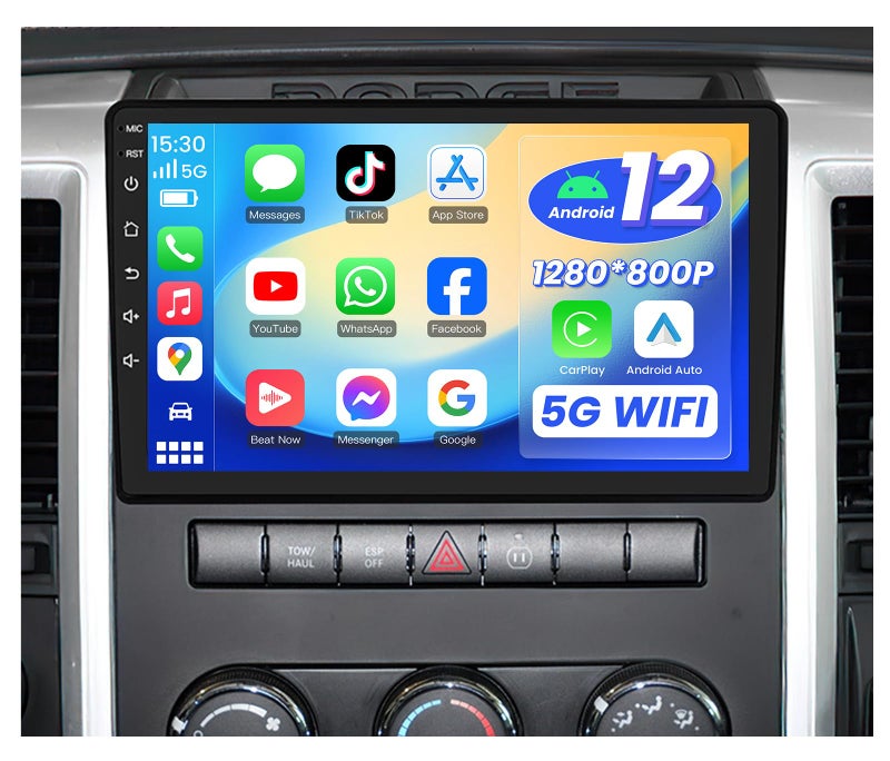 Jerqry 4Core64G ROM Car Radio Stereo for Dodge Ram 1500 2500 3500 20092012 10 Inch Touchscreen for Ram 1500 Radio Upgrade with Wireless CarPlay Android Auto 5G WiFi Bluetooth Backup Camera GPS Navi FM - Image 2