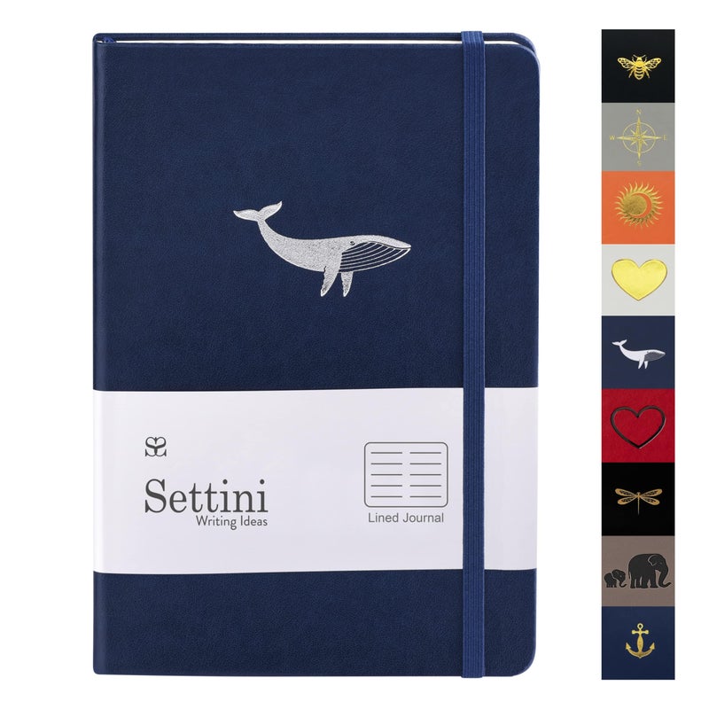 SETTINI Lined Journal, Ideal for Journaling - A5 Vegan Leather Notebook, 192 Archival-Quality Pages, QuillEase Bleed-Free Paper, Inner Pocket & Bookmark - Whale Gifts, Navy Whale - Image 1