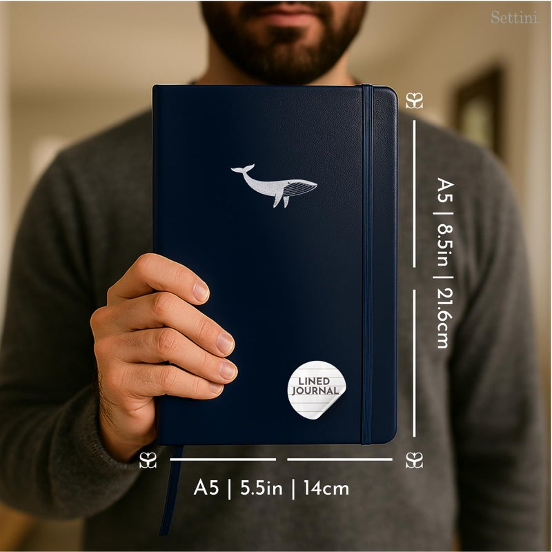 SETTINI Lined Journal, Ideal for Journaling - A5 Vegan Leather Notebook, 192 Archival-Quality Pages, QuillEase Bleed-Free Paper, Inner Pocket & Bookmark - Whale Gifts, Navy Whale - Image 2