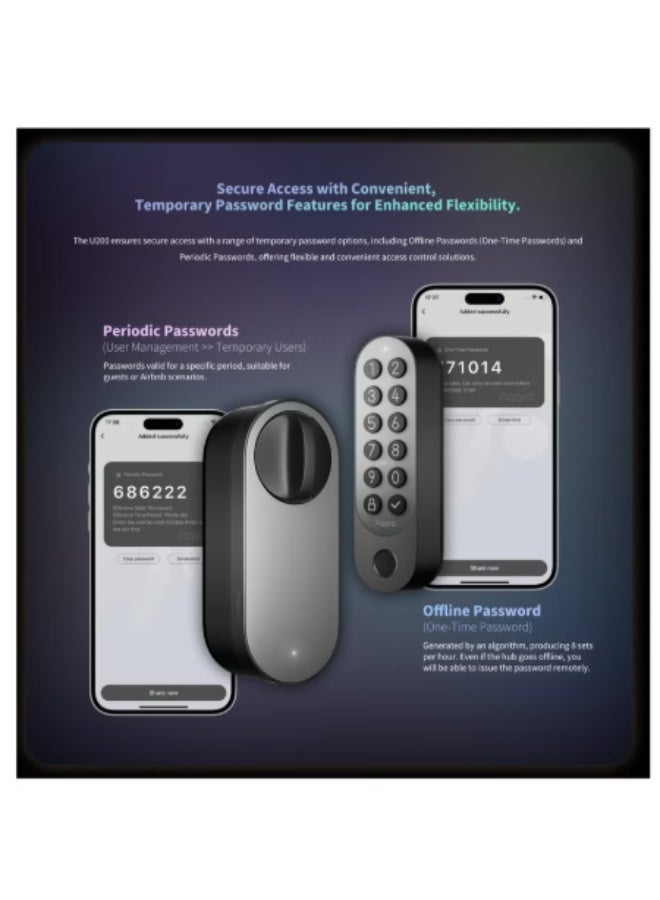 Aqara Smart Door Lock U200 kit, Matter over Thread, Keyless Entry Door Lock with Apple Home Key and Rechargeable Battery,Supports Apple Home and SmartThings, Black - Image 2