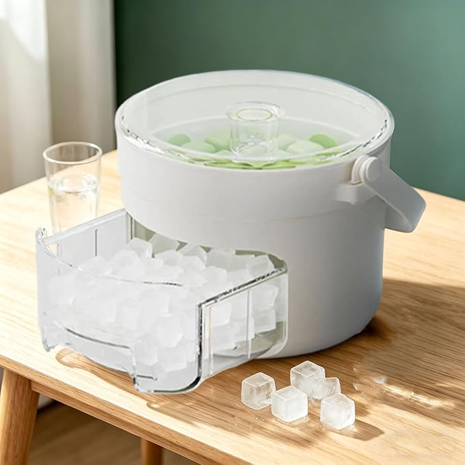 Compact Freezer Ice Maker with Bin, 25/50 Cube Ice Maker with Easy Press Lid  Press-Type Ice Cube Tray with Storage Container, Stackable, Dust-Proof Lid & Scoop (50Squares-White and Green) - Image 1
