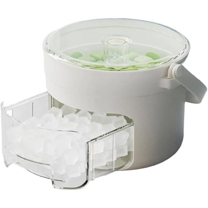 Compact Freezer Ice Maker with Bin, 25/50 Cube Ice Maker with Easy Press Lid  Press-Type Ice Cube Tray with Storage Container, Stackable, Dust-Proof Lid & Scoop (50Squares-White and Green) - Image 3
