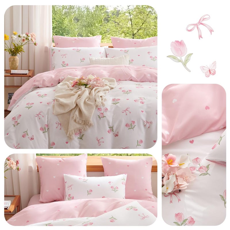Erwinmu Floral Comforter Set Full Size,3 Pieces Pink Floral Bow Ties Comforter Bedding Sets Reversible Pattern Back to School for Girls Kids,Chic Tulips with Heart Comforter and 2 Pillowcases - Image 5