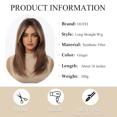 OUFEI Ginger Wigs for Women Medium Length Long Straight Wig with Curtain Bangs Synthetic Hair Heat Resistant Wigs for Everyday Party Cosplay Wear - Image 3