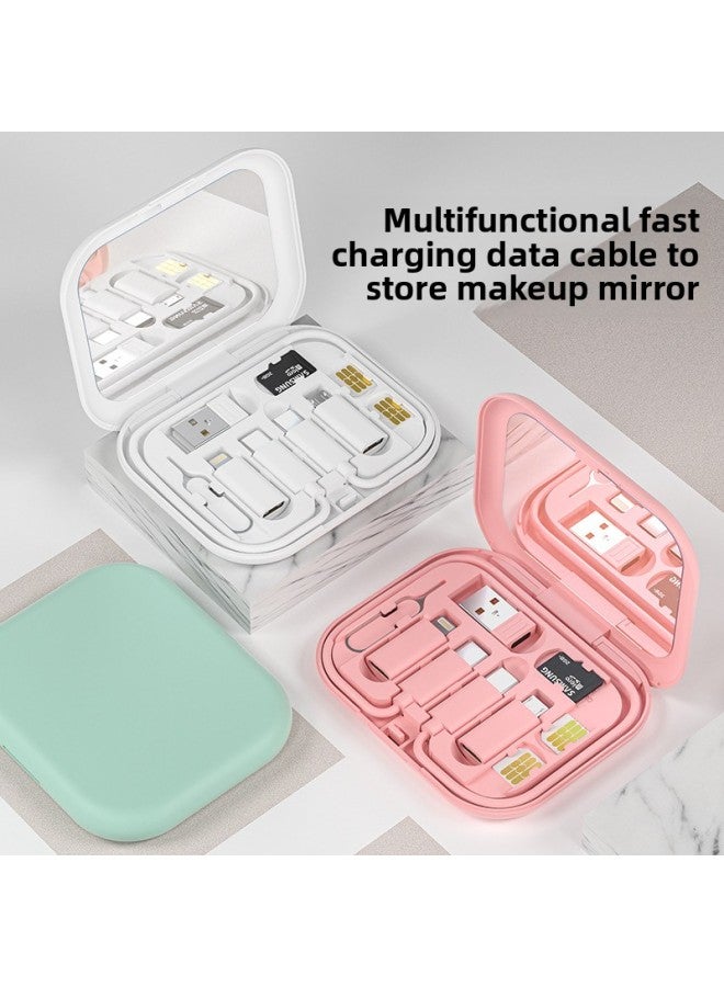 Square Multi-function Data Cable Storage Box 60W Fast Charging Line Adapter Storage 6-in -1 Mobile Phone Bracket Charging Line-Color:Grass Green (with Mirror)  - Image 1