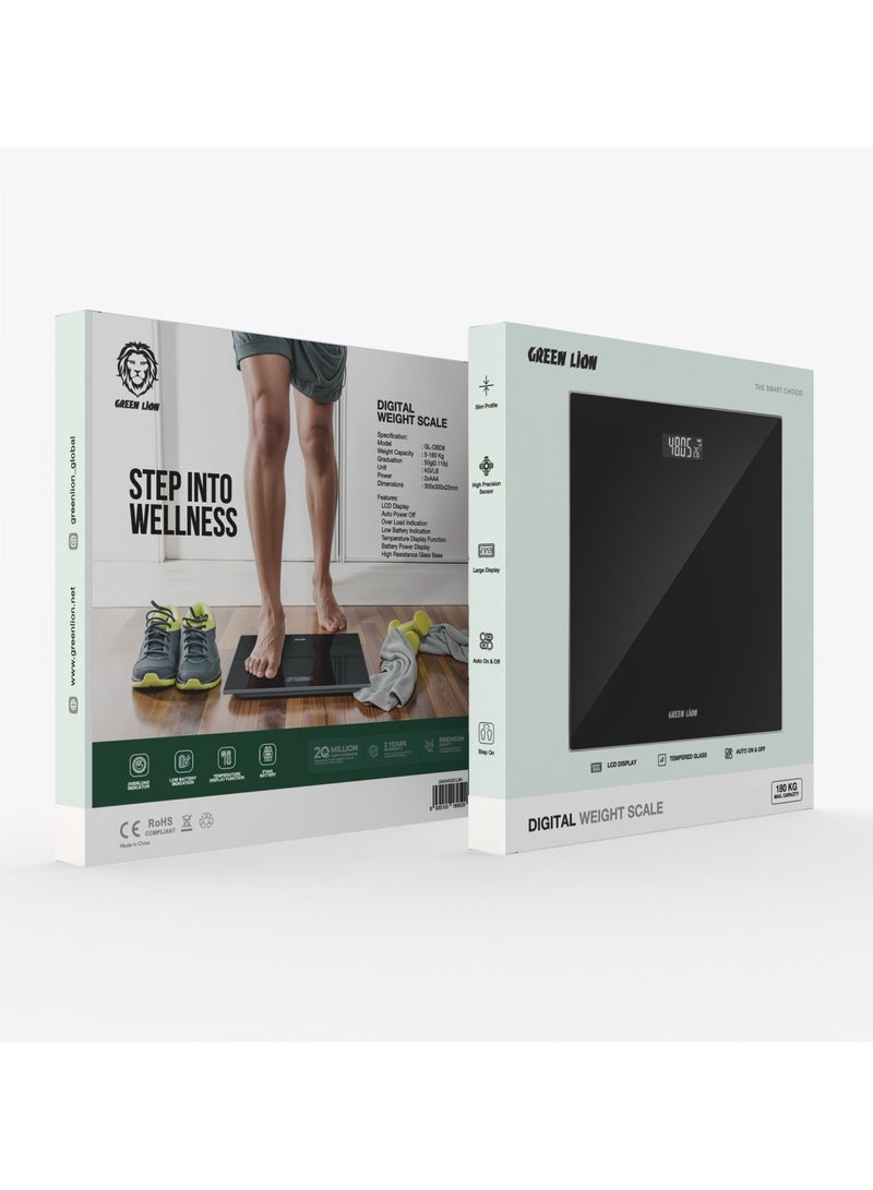 GREEN LION Digital Weight Scale / LCD Display / High Resistance Tempered Glass / Auto Power On & Off / Slim Profile / High Precision Sensor / Large Display / Step On / Overload Indicator - Black - Image 2