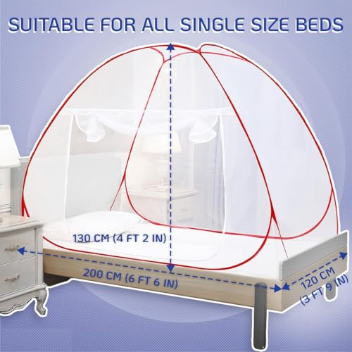 Evafly Mosquito Net for Single Bed | Foldable Machardani | Polyester Strong 30GSM mesh| PVC Coated Corrosion Resistant Steel Wire - Red - Image 2