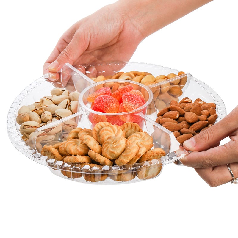 Lyellfe 30 Pack Plastic Appetizer Tray with Lid, Disposable Veggie Fruit Snack Tray with 5 Compartment, 9.5 Inch Heavy Duty Clear Round Food Container Platter for Salad, Nut, Olive, Party - Image 3