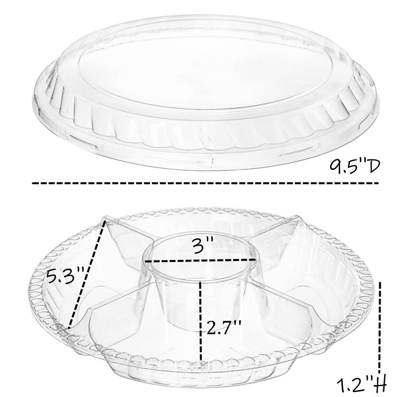 Lyellfe 30 Pack Plastic Appetizer Tray with Lid, Disposable Veggie Fruit Snack Tray with 5 Compartment, 9.5 Inch Heavy Duty Clear Round Food Container Platter for Salad, Nut, Olive, Party - Image 2