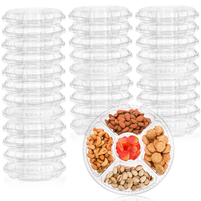 Lyellfe 30 Pack Plastic Appetizer Tray with Lid, Disposable Veggie Fruit Snack Tray with 5 Compartment, 9.5 Inch Heavy Duty Clear Round Food Container Platter for Salad, Nut, Olive, Party - Image 1