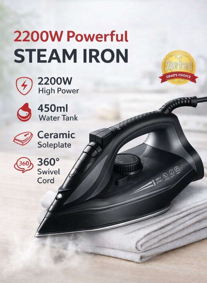 MIXDOR مكواة بخارية محمولة 2200 واط للملابس، بخاخ ملابس بسعة 450 مل مع قاعدة سيراميك، استخدام مزدوج للبخار والجفاف، نظام مضاد للتكلس، سلك دوار 360°، بخار قوي للمنزل والسفر - Image 1