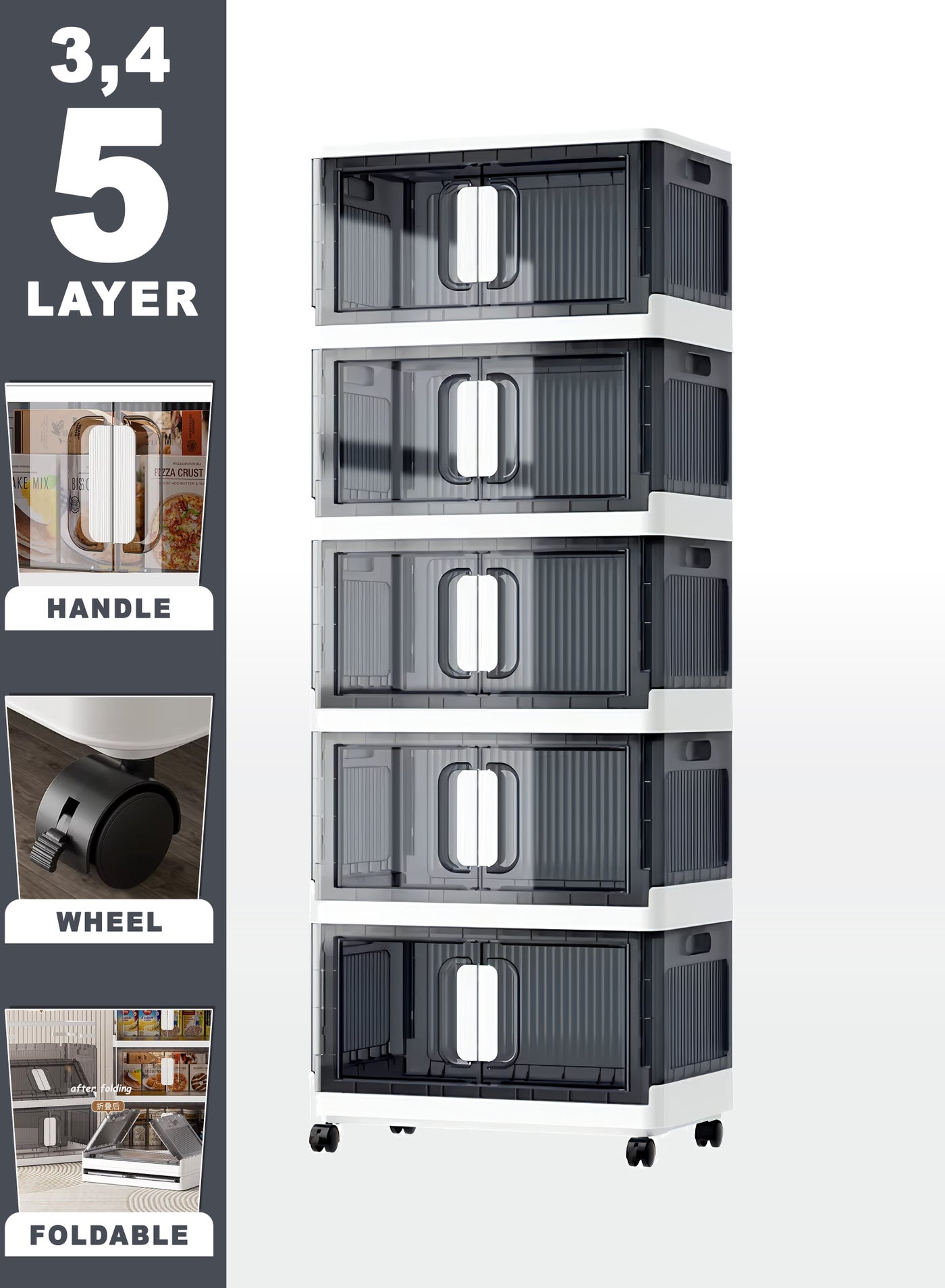 Collapsible Storage Cabinet Rack with Wheels, Heavy-Duty PP Material, Glossy Modern Design, Foldable and Portable, Multi-Layer Storage for Home, Office, Kitchen, Bathroom, Outdoor Use, Secure Double Door Lock, Easy to Clean and Assemble, Available in 6 Sizes for Versatile Storage Needs