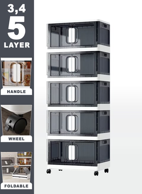 رف تخزين قابل للطي مع عجلات، مصنوع من مادة البولي بروبيلين (PP) عالية التحمل، تصميم عصري لامع، قابل للطي وسهل الحمل، متعدد الطبقات للتخزين في المنزل، المكتب، المطبخ، الحمام، وللاستخدام الخارجي. مزود بقفل مزدوج آمن للأبواب، سهل التنظيف والتجميع، متوفر بـ 6 أحجام لتلبية احتياجات تخزين متنوعة.