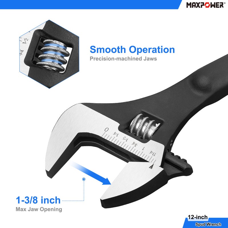 MAXPOWER 2 Pieces Spud Wrenches Set, 12 inch Adjustable Spud Wrench, 16 inch Spud Wrench with Reversible Jaw, Hammer Head - Image 2