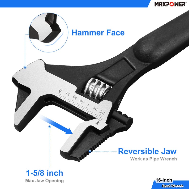 MAXPOWER 2 Pieces Spud Wrenches Set, 12 inch Adjustable Spud Wrench, 16 inch Spud Wrench with Reversible Jaw, Hammer Head - Image 3