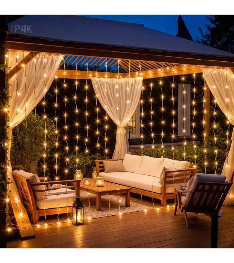 Solar Powered Curtain LED Light with 300 LEDs 9.8ft x 9.8ft 8 Modes for Garden Courtyard Decoration White - Image 1