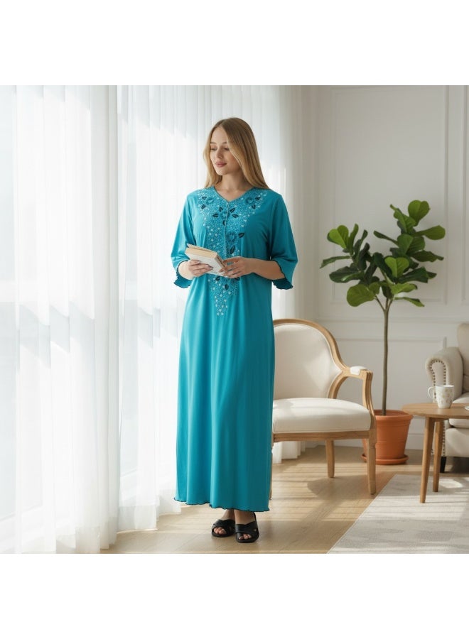 زيكوتكس  قميص نوم نسائي طويل من القطن مطرز – تطريز زهري أنيق فستان لبس منزلي بتفاصيل شرّاطة – مصنوع في مصر - Image 2