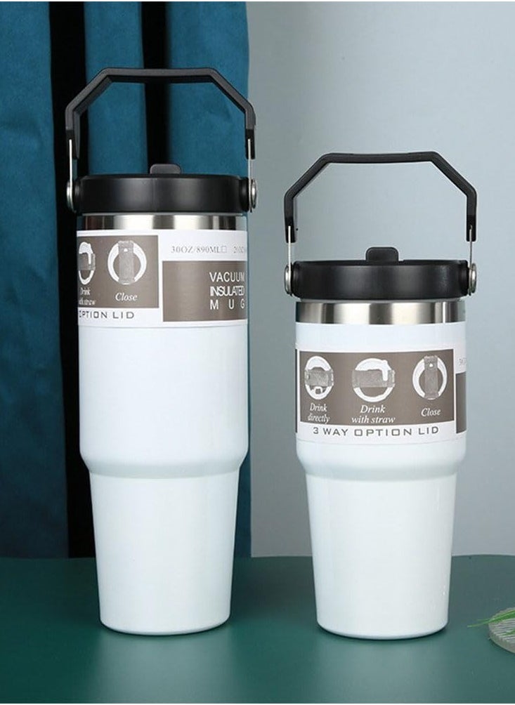 Stainless Steel Tumbler with Handle & Straw Lid – Vacuum Insulated Water Bottle, Leak-Resistant Flip Lid, Reusable for Home, Office, Car