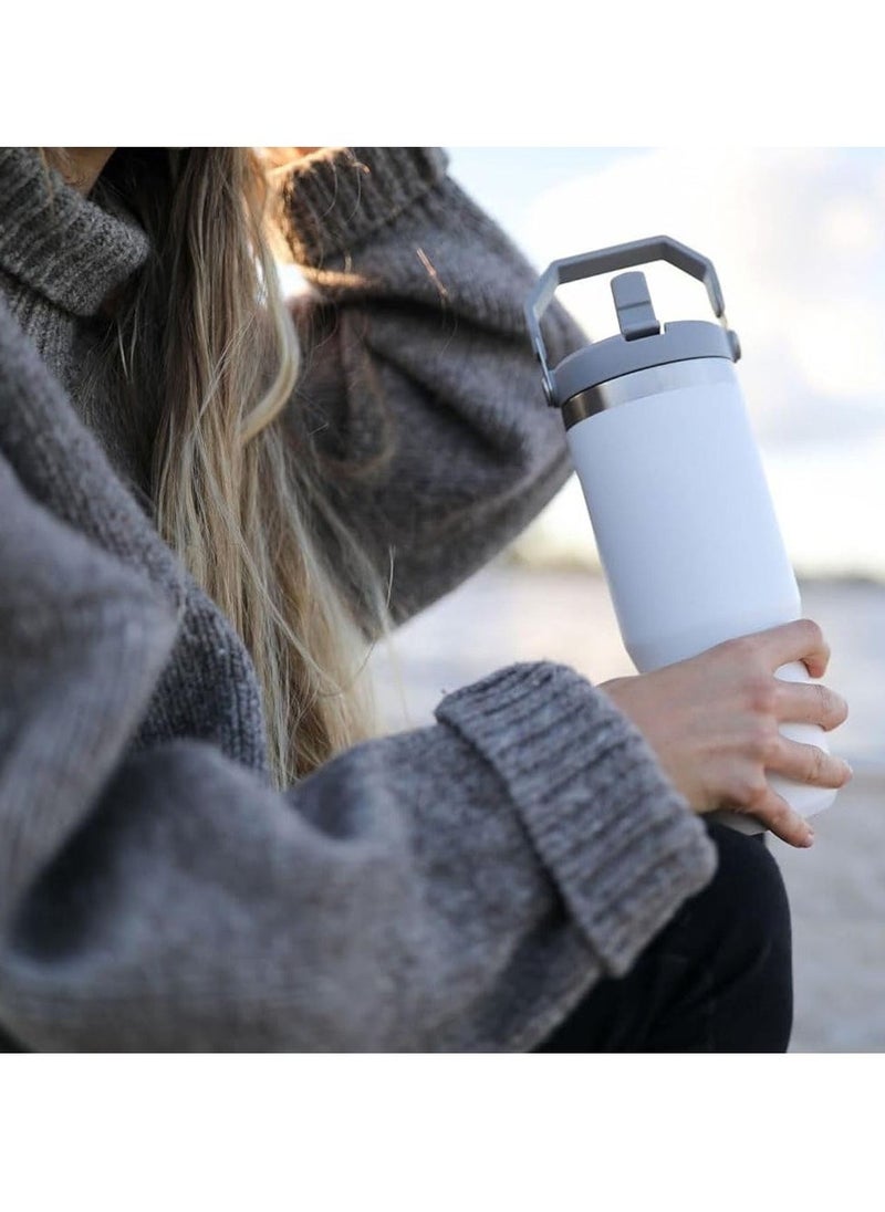 Stainless Steel Tumbler with Handle & Straw Lid – Vacuum Insulated Water Bottle, Leak-Resistant Flip Lid, Reusable for Home, Office, Car