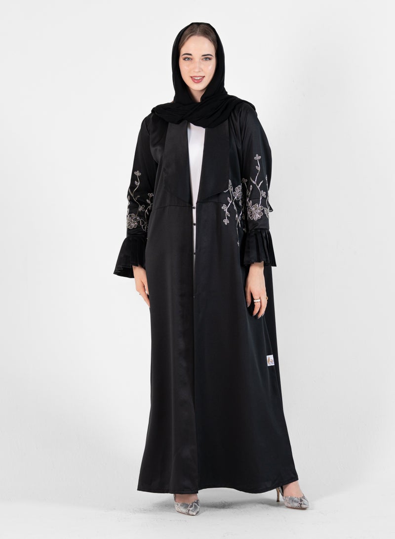 Rosette Abaya Abaya in Jacket look with Silver Embroidery  - Image 5
