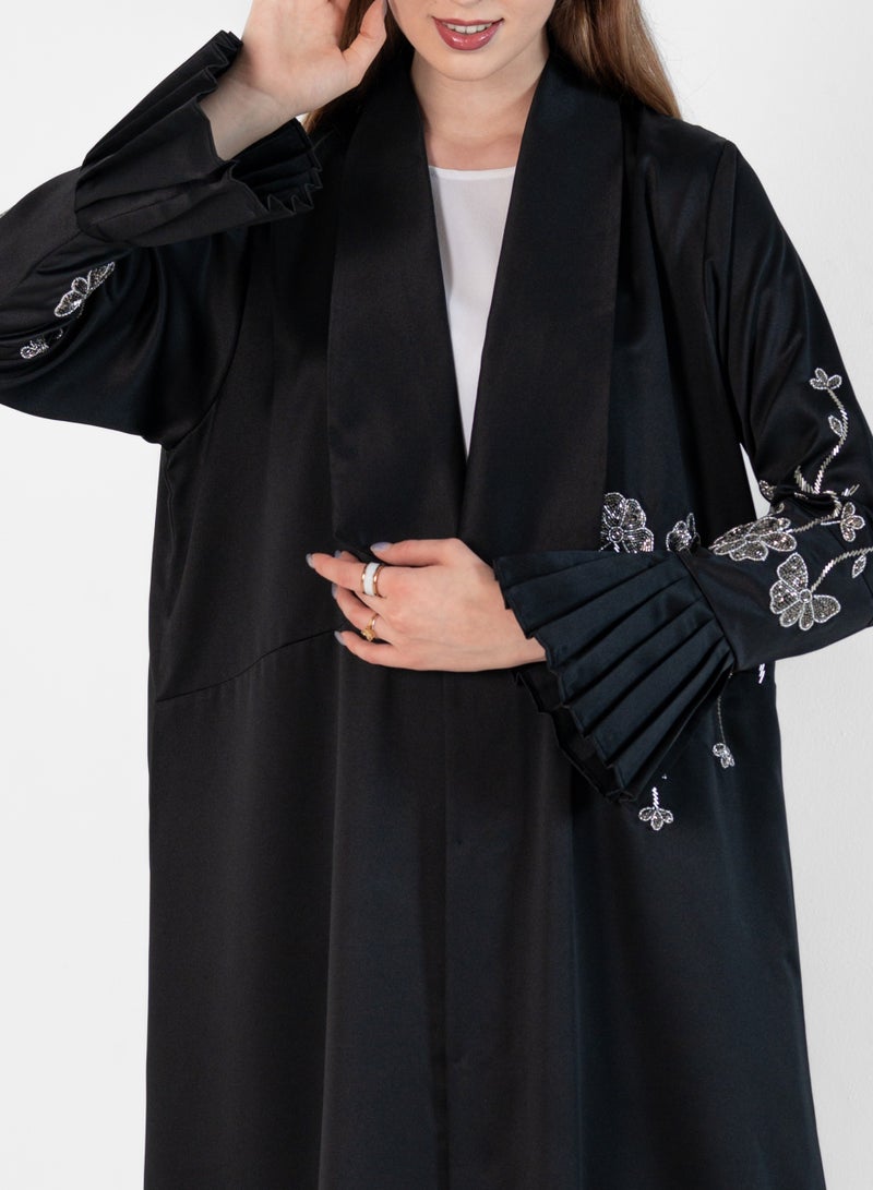 Rosette Abaya Abaya in Jacket look with Silver Embroidery  - Image 4