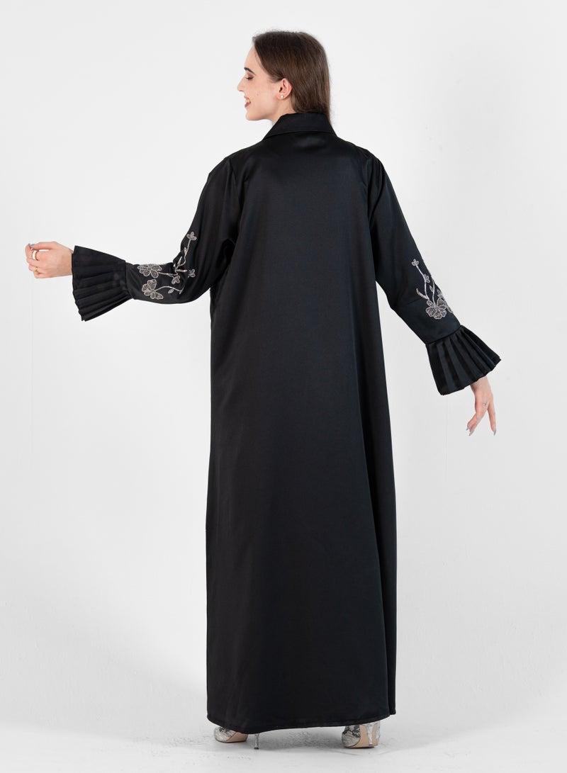 Rosette Abaya Abaya in Jacket look with Silver Embroidery  - Image 2
