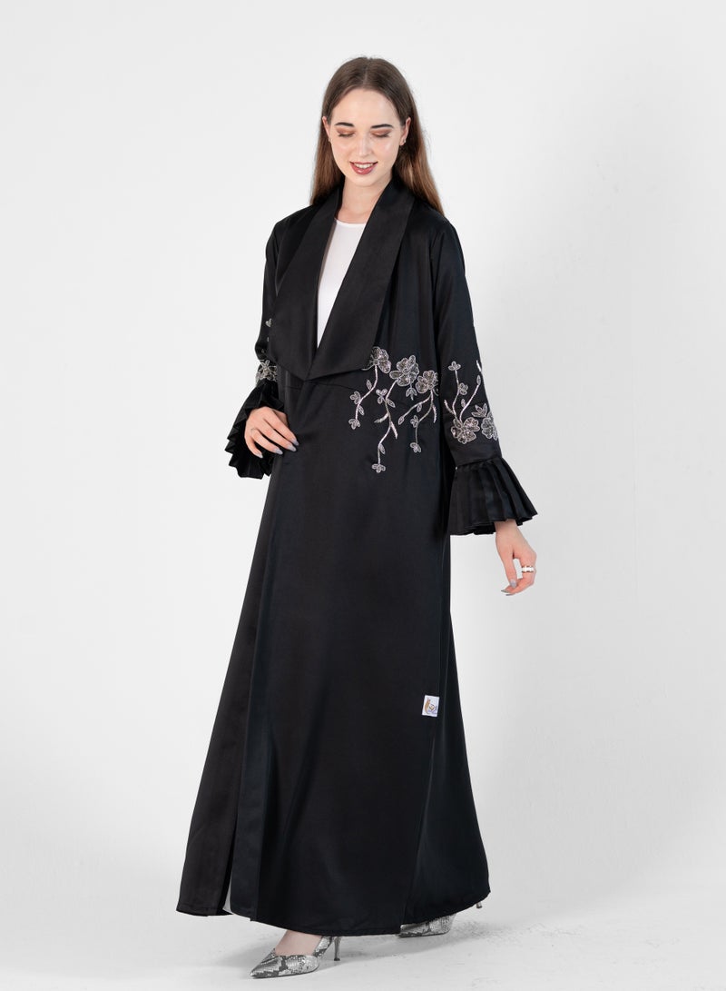 Rosette Abaya Abaya in Jacket look with Silver Embroidery  - Image 3