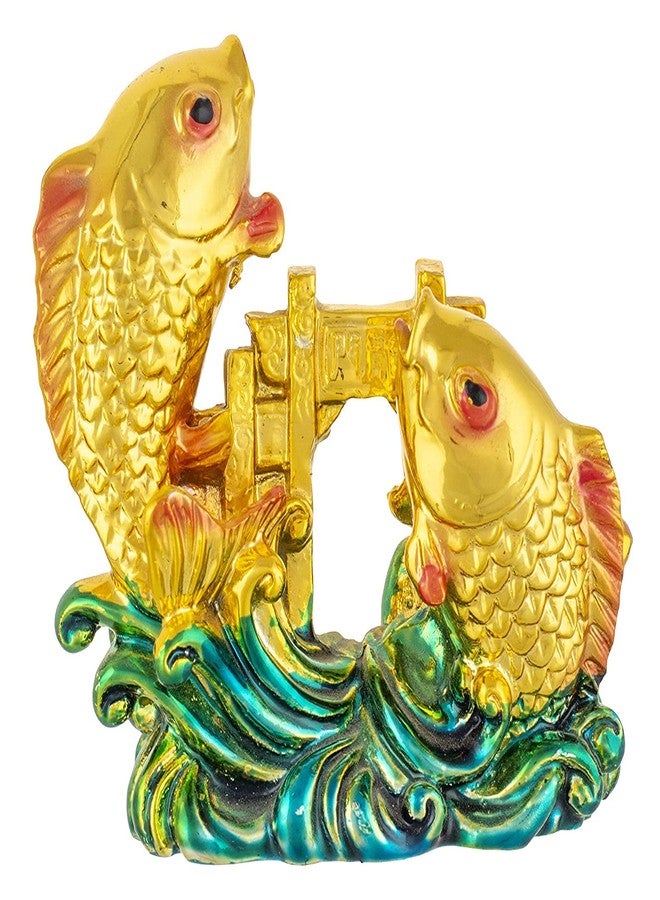 Homenique Feng Shui Double Fish with Dragon Gate Showpiece | Resin Brass-Coloured Carp Idol for Good Luck, Prosperity, Strength, Education & Marriage Luck - Image 1