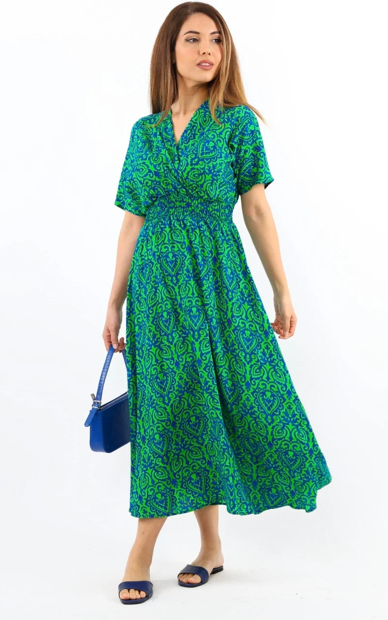 ريتنيس Women's Aren Green Blue Midi Length Viscose Dress