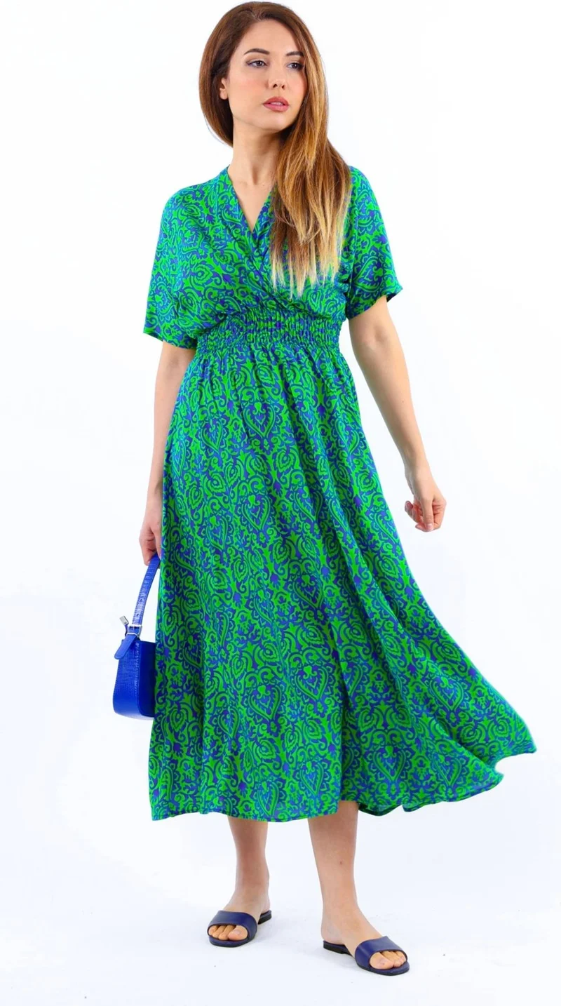 ريتنيس Women's Aren Green Blue Midi Length Viscose Dress