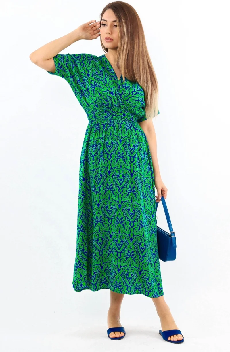ريتنيس Women's Aren Green Blue Midi Length Viscose Dress