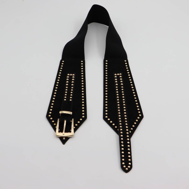 ZYALTFDC Women Wide Elastic Waist Belts Black Stretchy Thick Belts for Women Dresses Gold Rivets Studded Belt Lady Girls Vintage Chunky Girdle Retro Cinch Waistband Trendy Ladies Y2K Adjustable Weatern Belt - Image 4