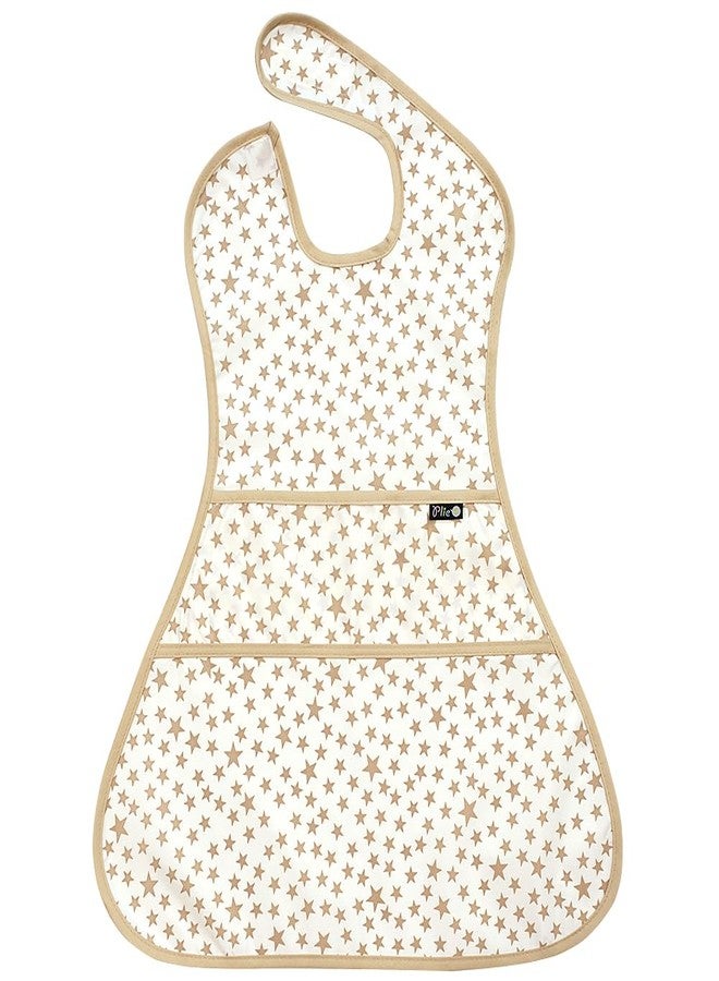 Plie Full Coverage Waterproof Feeding Bib for Toddlers - Extra Long Apron Bib for Mealtime, Self-Feeding, High Chair, Food Catcher, BPA-Free, Easy to Clean - Beige Star - Image 2