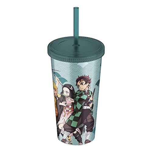 ABYSTYLE Demon Slayer 16 Oz Plastic Acrylic Tumbler Carnival Cup With Reusable Straw Leakproof Lid BPAFree Featuring Inosuke Zenitsu Nezuko Tanjiro Anime Manga Drinkware Gift