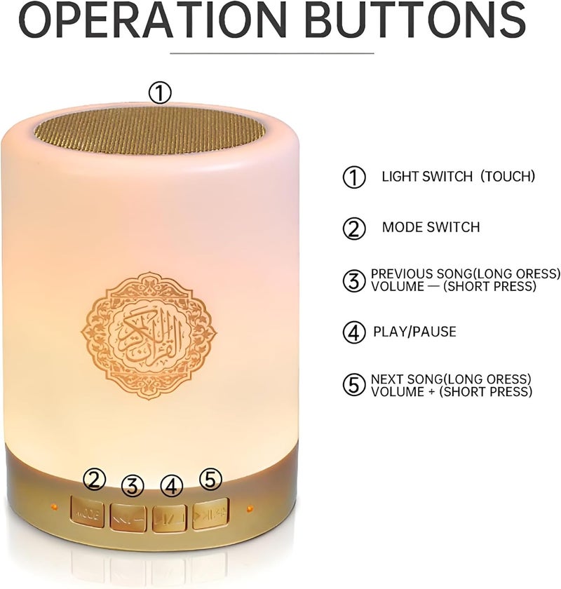Houmt Quran Speaker, Touch Lamp Bluetooth Quran Speaker Remote and APP Control, SQ-112 Rechargeable Portable Muslim Quran Speaker Support MP3 FM 8GB TF Card Famous Imams and 18 Translation - Image 3