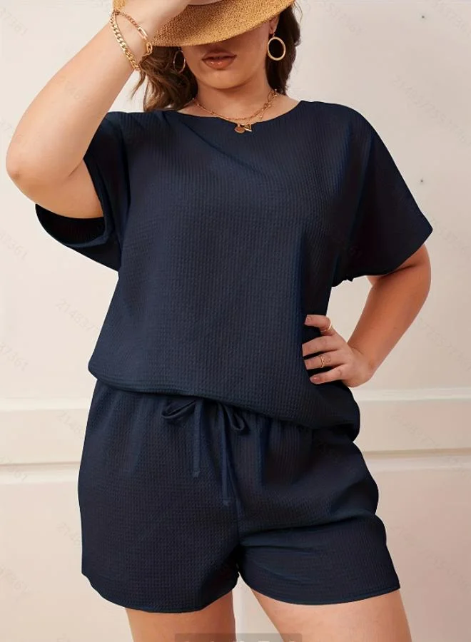 Take Two Plus Size Navy Blue Waffle Knit T-Shirt and Short Pyjama Set