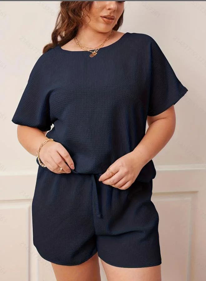 Take Two Plus Size Navy Blue Waffle Knit T-Shirt and Short Pyjama Set