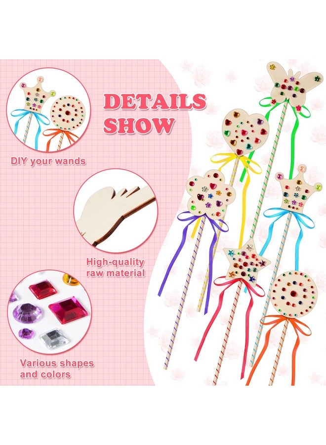 Chumia Chumia 42 Pcs Princess Fairy Wands Kit Include 28 Wooden Princess Wand, 6 Gem Stickers, 8 Ribbons, Birthday Party Supplies, Unfinished DIY Moon Butterfly Make Your Own Wand - Image 4