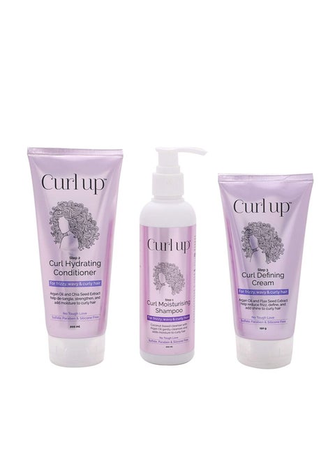 Curl Up Curl Care Bundle with Curly Hair Shampoo Conditioner and Leave in Curl Defining Cream Combo of 3