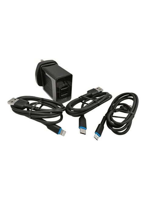 LOGIN Fast Charging Charging Adaptor 3 in 1 Lightning ,Micro  and Type-C Travel Data  AC 100-240V DC5V 3.1 2USB Port Flash Charge Color Black LN884HC